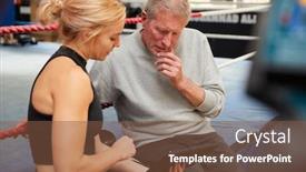  Presentation with using digital tablet - Amazing theme having female-personal-trainer-with-senior backdrop and a tawny brown colored foreground