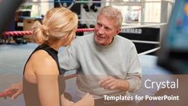  Presentation with using digital tablet - Slides having female-personal-trainer-with-senior background and a coral colored foreground