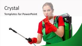  Presentation with pest control - Slide set consisting of parasitic disease - female pest control contractor isolated background and a  colored foreground