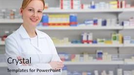  Presentation with pharmacy - Presentation theme consisting of female pharmacist at pharmacy background and a light blue colored foreground