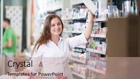  Presentation with pharmacist - PPT theme featuring female pharmacist keeping a box background and a coral colored foreground