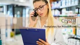  Presentation with pharmacist - Presentation theme enhanced with female-pharmacist-talking background and a coral colored foreground