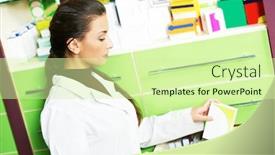  Presentation with chemist - Slide set having female-pharmacutical-chemist-at-drugstore background and a soft green colored foreground