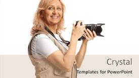  Presentation with camera - PPT theme with female-photographer-holding-a-camera background and a coral colored foreground
