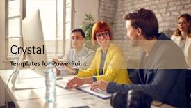  Presentation with tv show studio camera - PPT layouts enhanced with female photographer in studio show background and a coral colored foreground