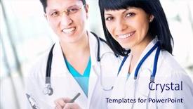  Presentation with physician - Slide deck enhanced with female physician - portrait group of a young background and a  colored foreground