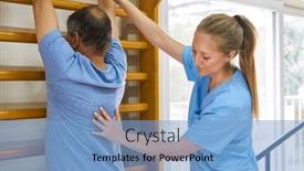  Presentation with rehabilitation - PPT theme featuring female-physiotherapist-assisting-senior-man background and a light blue colored foreground