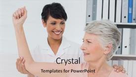  Presentation with stretch - Slide deck with female physiotherapist assisting senior woman to stretch her hand in the medical office background and a soft green colored foreground