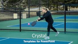  Presentation with pickleball - Theme consisting of female-pickleball-player-prepares background and a teal colored foreground