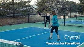  Presentation with pickleball - Presentation theme enhanced with female-pickleball-player-returns background and a teal colored foreground