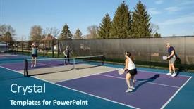  Presentation with pickleball - PPT theme enhanced with female-pickleball-player-returns background and a ocean colored foreground