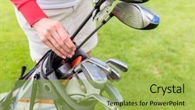  Presentation with golf player playing - Beautiful slide set featuring female player choosing golf club backdrop and a yellow colored foreground