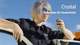  Presentation with walkie talkie - PPT theme having female police officer communicating background and a teal colored foreground