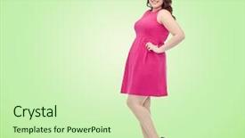  Presentation with pink green - Slide deck having female portrait and people concept - smiling happy young plus size woman posing in pink dress over green natural background background and a soft green colored foreground