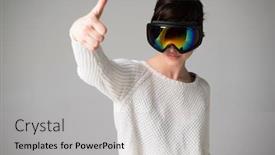  Presentation with female sport - Slides having female-portrait-in-ski-goggles background and a light gray colored foreground