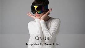  Presentation with female sport - Audience pleasing theme consisting of female-portrait-in-ski-goggles backdrop and a light gray colored foreground
