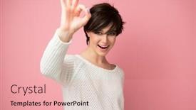  Presentation with female - Cool new slides with female-portrait-with-positive-expressions backdrop and a coral colored foreground