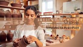  Presentation with ceramics - PPT theme enhanced with female-potter-fitting-clay-handles background and a coral colored foreground