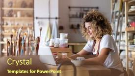  Presentation with art - Cool new PPT layouts with female potter using laptop in art studio backdrop and a tawny brown colored foreground