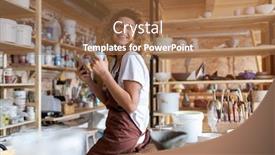  Presentation with smartphone - Colorful slide set enhanced with female potter with smartphone in art studio backdrop and a tawny brown colored foreground