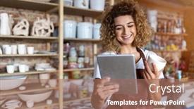  Presentation with art - Colorful presentation theme enhanced with female potter with tablet computer in art studio backdrop and a coral colored foreground