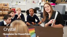  Presentation with children reading - PPT layouts consisting of female primary school teacher reading background and a tawny brown colored foreground