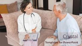  Presentation with elderly care - Presentation theme with female-professional-doctor-consulting-senior background and a coral colored foreground