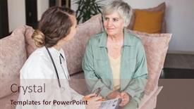  Presentation with care elderly - PPT theme having female-professional-doctor-physician-consulting background and a coral colored foreground