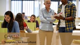  Presentation with professor - Cool new slide deck with female-professor-and-male-student backdrop and a gold colored foreground