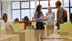  Presentation with questions - Colorful presentation theme enhanced with female-professor-at-the-lecture backdrop and a coral colored foreground