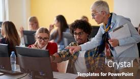  Presentation with informatics - PPT theme consisting of female-professor-checking-students-work background and a tawny brown colored foreground