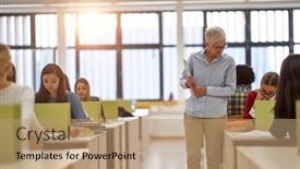  Presentation with professor - Amazing presentation theme having female-professor-controlling-student-s backdrop and a coral colored foreground