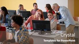  Presentation with computer room - Slide deck consisting of female-professor-correcting-the-work background and a tawny brown colored foreground