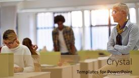  Presentation with college students - Slide set with female-professor-observing-students-work background and a coral colored foreground