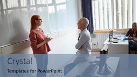  Presentation with informatics - PPT theme consisting of female-professor-questioning-a-student background and a seafoam green colored foreground