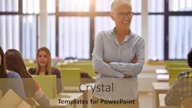  Presentation with professor - Beautiful presentation theme featuring female-professor-with-students backdrop and a coral colored foreground