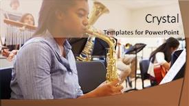  Presentation with high school - PPT layouts with female pupil playing saxophone background and a coral colored foreground