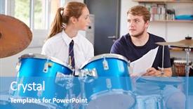  Presentation with drums - Slide deck having female pupil with teacher playing background and a teal colored foreground
