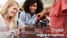  Presentation with robot vehicle - Colorful slide set enhanced with female pupils building robot backdrop and a tawny brown colored foreground