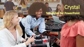  Presentation with robot vehicle - PPT theme enhanced with female pupils building robot background and a tawny brown colored foreground