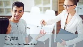  Presentation with realtor - Amazing PPT theme having female realtor giving happy couple key from new flat backdrop and a light blue colored foreground