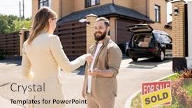  Presentation with house key - Slide set with female-realtor-in-suit-passing background and a lemonade colored foreground