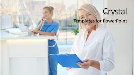  Presentation with receptionist - PPT theme having female receptionist and trainee background and a soft green colored foreground