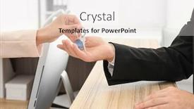  Presentation with hotel key - Colorful PPT theme enhanced with female receptionist handing room key to customer in hotel backdrop and a sky blue colored foreground