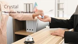  Presentation with hotel key - Cool new PPT theme with female receptionist handing room key to customer in hotel backdrop and a lemonade colored foreground