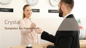  Presentation with hotel key - Amazing PPT theme having female receptionist handing room key to customer in hotel backdrop and a lemonade colored foreground