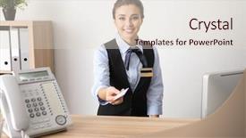  Presentation with administration - Beautiful PPT theme featuring female receptionist with card backdrop and a lemonade colored foreground