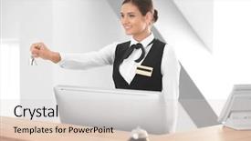  Presentation with hotel key - Beautiful presentation featuring female receptionist with room key backdrop and a  colored foreground