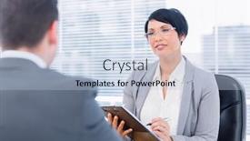  Presentation with job interview - Audience pleasing PPT theme consisting of female recruiter checking the candidate during a job interview at office backdrop and a light blue colored foreground