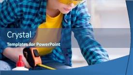  Presentation with carpenter - Amazing PPT theme having female-repairman-carpenter-cutting-joining backdrop and a ocean colored foreground
